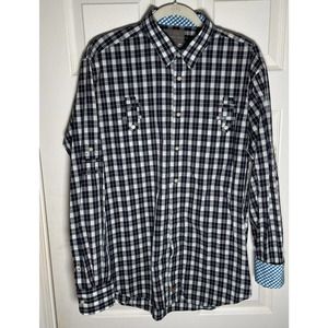 Thomas Dean Tailored Fit Blue Check Flip Tab Cuff Pockets Long Sleeve L Large